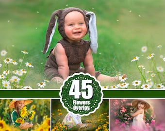 45 Sommerblumen-Motive für Photoshop: Tulpen, Rosen, Flieder, Sonnenblumen. Geeignet für Outdoor-Fotoshootings. Digitale Overlays und florale PNG-Dateien.