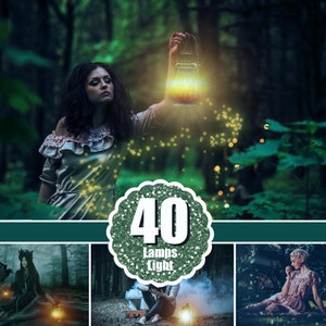 Puede incluir: Una colección de 40 lámparas con efectos de luz. La imagen muestra tres escenas diferentes con personas sosteniendo lámparas en un entorno de bosque. Las lámparas brillan y crean una atmósfera mágica.