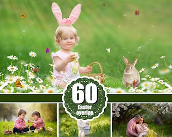 60 Ostern Set Overlay, Hase Kaninchen Küken Schmetterling Tiere, Zweig Blume Gras Photoshop Overlays, digitaler Hintergrund, Kunsttext, Frühling