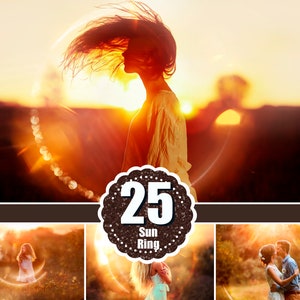 25 Ring Lens Flare Overlays, sunflares, natural sun light effects, sunbeam, sunlight, sun lens, sun rays,  Digital Backdrop, jpg
