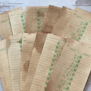12 coffee and dyed & stained one sided time cards green printing splotchy different shades junk journal ephemera collage supplies 9&quot; x 3.5&quot;
