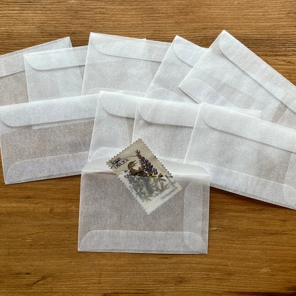 10 very small glassine envelopes 2 7/8 inches wide x 1 3/4 high for small ephemera, postage stamps, tea cards junk, art journal pocket tuck