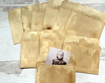 10 pack small (2.75 " x 4") coffee dyed and stained cream colored paper envelopes for ephemera, gift and business cards, junk journal pocket