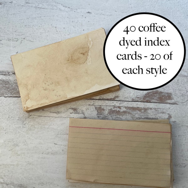 40 3"x5" index cards 20 with lines on 1 side & 20 blank coffee dyed and stained vintage style junk journal ephemera journaling card supplies