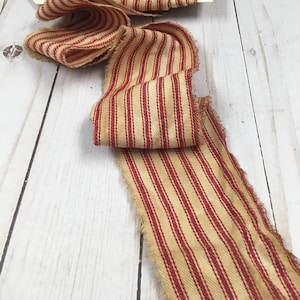 Coffee dyed red ticking hand torn fabric ribbon with frayed edges 3 continuous yards rustic junk journal gift wrap supplies primitive crafts