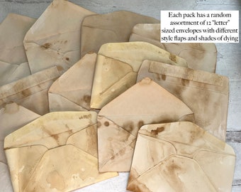 12 letter sized coffee dyed and stained envelopes about 6.5 inches by 3.5 inches variety pack different styles junk journal ephemera