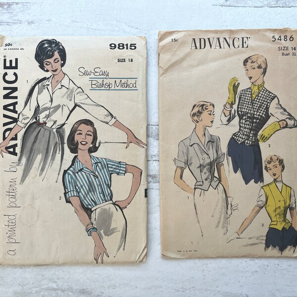 2 vintage women's paper sewing patterns Advance 1950's and 1960's used condition not checked - great cover art  junk journal sewing ephemera