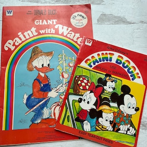 2 Vintage Disney Paint coloring books Paint Book for brush or markers 1980 and Donald Duck Giant Paint with Water 1976 unused good condition