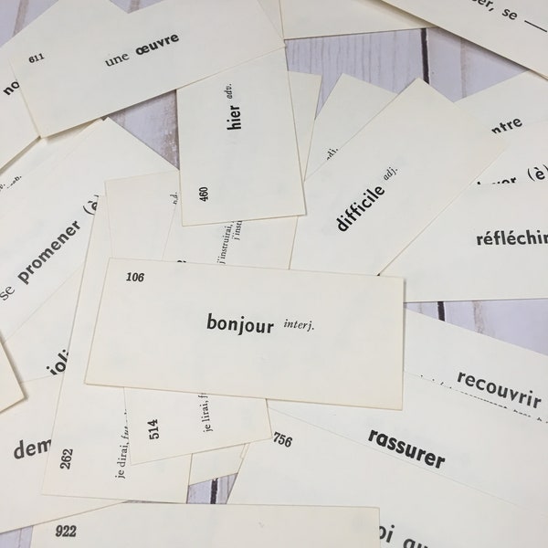 30 Vintage French Flash cards 1960's random assortment 3.5" x 1.5" foreign language  junk journal supplies clusters journal cards ephemera