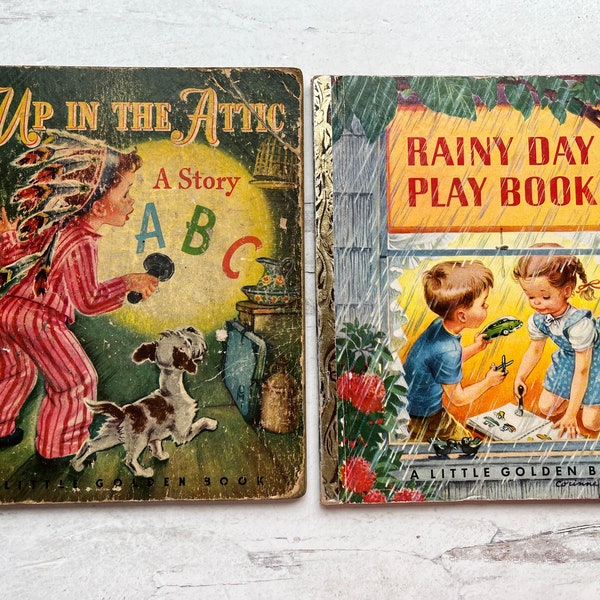 2 vintage Little Golden Books Rainy Day Play book 1951 Up in The Attic good to fair used condition sweet retro illustrations junk journal