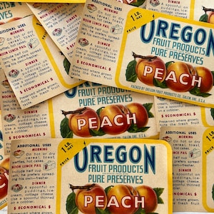 12 vintage can labels Oregon Peach 4.5 inches by 2 3/8 inches great size for collage, turning into journaling cards great color & graphics