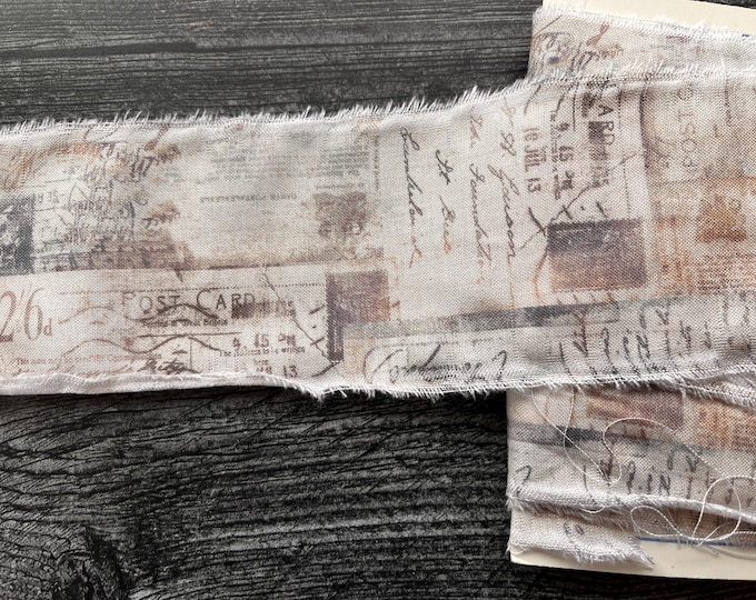 Script Ribbon 3 Continuous Yards of Hand Torn Vintage Style Script Fabric Ribbon With ...