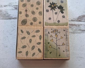 Set of 4 wood mounted rubber stamps plants, greenery, leaves background/ collage stamp for planners, greeting cards and journaling cards