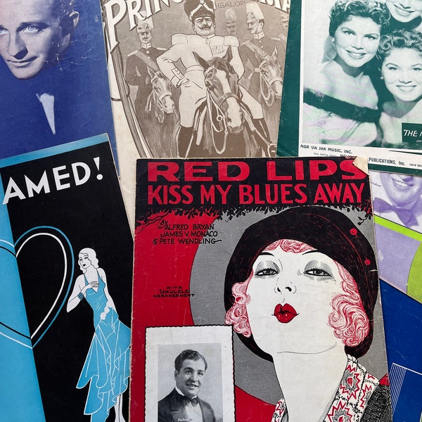 12 random pieces of vintage sheet music from the 1930s to the 1950's used and worn and torn junk journals, collage, banners, and mixed media