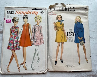 2 vintage paper sewing patterns mod style mini dress used and cut Simplicity and Butterick sewing retro fashion junk journal cover supply