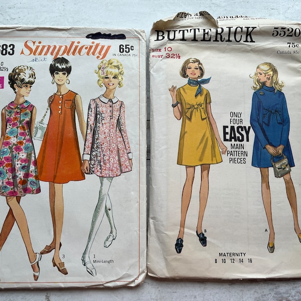 2 vintage paper sewing patterns mod style mini dress used and cut Simplicity and Butterick sewing retro fashion junk journal cover supply