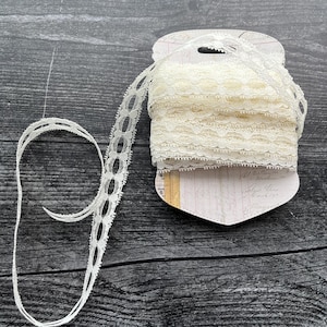 May include: A roll of ivory lace ribbon with a scalloped edge and openwork design. The ribbon is displayed on a decorative card with vintage-style printed details. The background is a dark, weathered wooden surface.