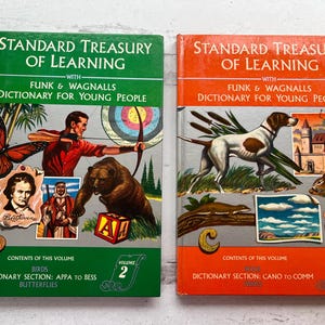 May include: Two vintage "Standard Treasury of Learning" books. Volume 2 has a green cover with a butterfly and archer illustration. Volume 4 has an orange cover with a dog and castle illustration. Both books have the text "Funk & Wagnalls Dictionary for Young People".
