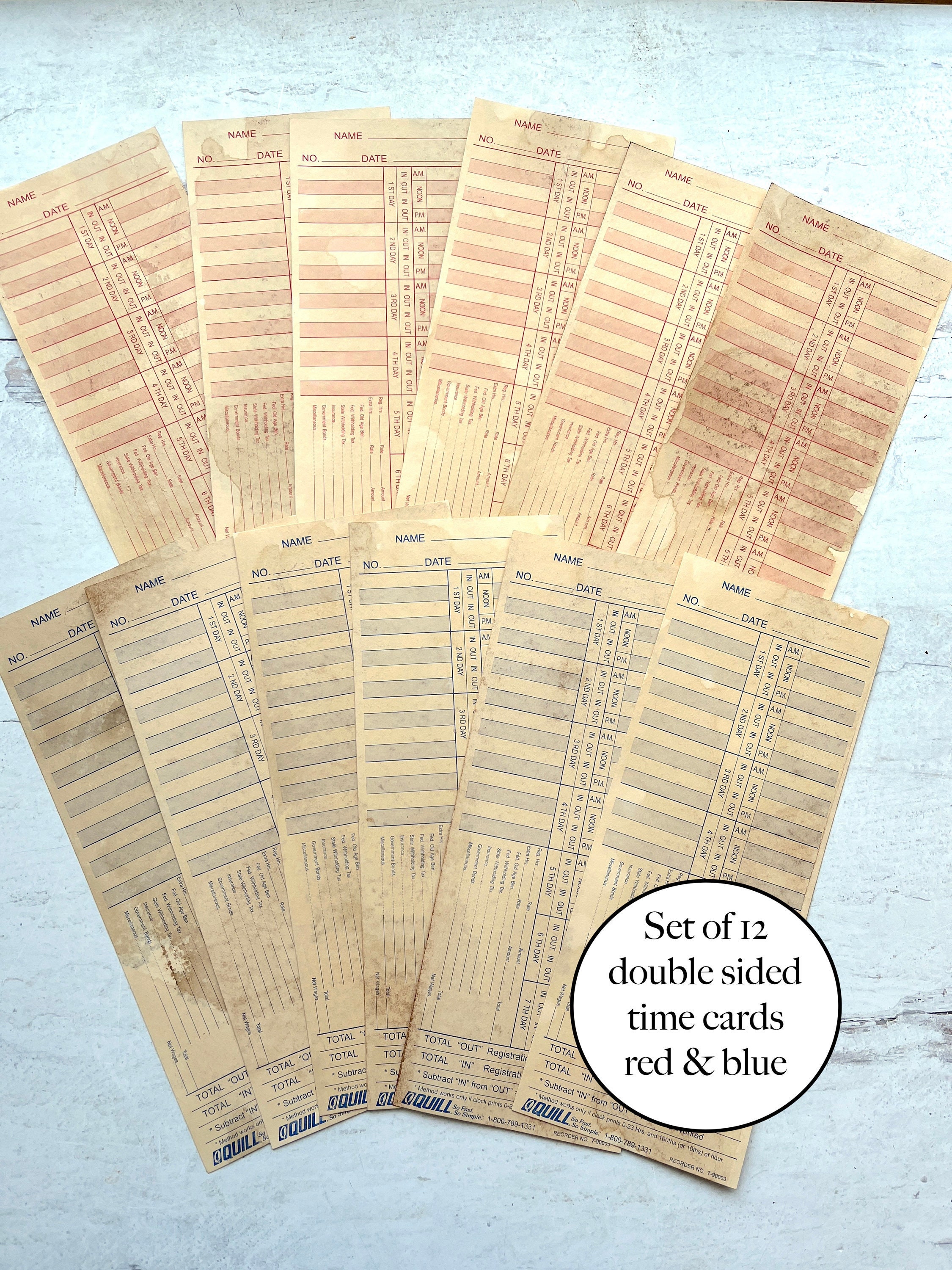 Pack of 12 double sided time cards coffee dyed and stained grubby and grungy one side blue the other red junk journal collage ephemera