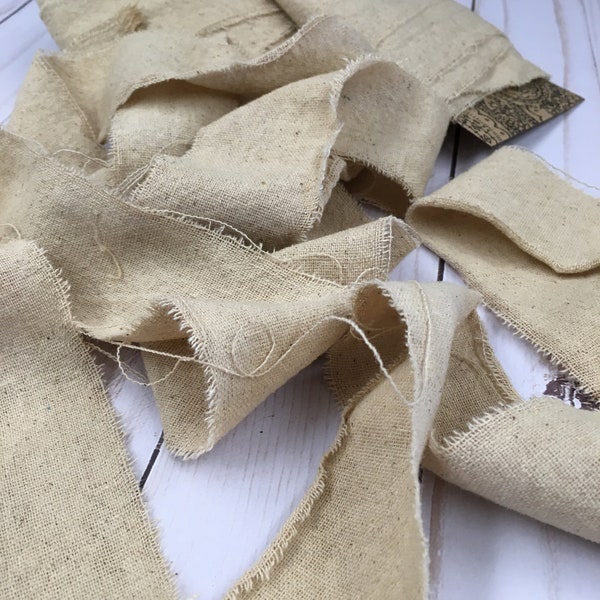 3 yards of frayed and coffee dyed osnaburg fabric ribbon rustic linen look junk journal fabric flips collage layers supplies vintage style