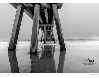 Mirrors and Mist - Navarre Beach Pier Black and White Photography Print  | Landscape Photo