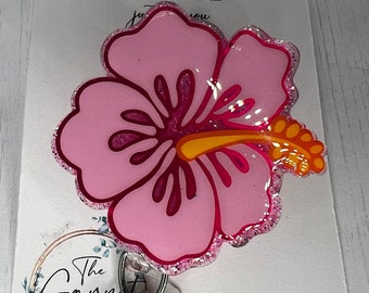 Pink Hibiscus Summer Floral Flower Badge Reel | Retractable ID Holder | Medical Nurse Badge Reel | Glitter Gift for Her | Teacher Lanyard