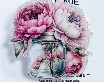 Pink Peony Jar spring Floral Flower Badge Reel | Retractable ID Holder | Medical Nurse Badge Reel | Glitter Gift for Her | Teacher Lanyard