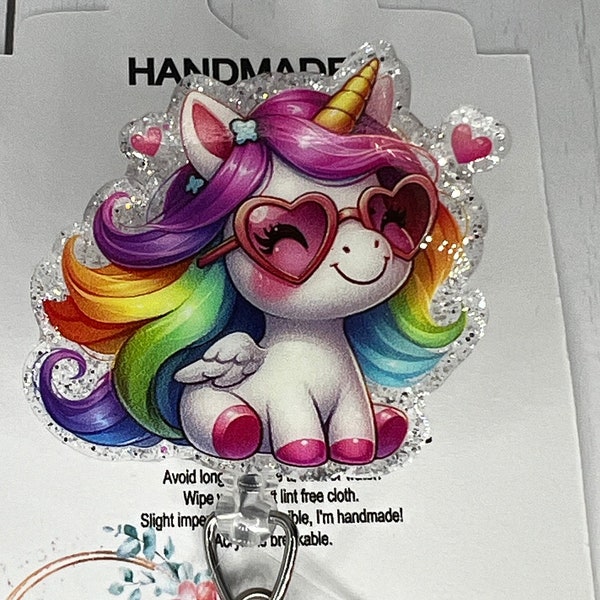 Unicorn Pegasus Rainbow Sparkle Retro cute badge Reel | Retractable ID Holder | LPN RN Nurse Hospital worker | Glitter Sparkle Teacher