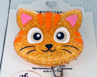 Orange Tabby Cat happy Kitty Badge Reel | Retractable ID Holder | Nurse Badge Reel | Gift for Her | Glitter Teacher Badge | Animal Lover
