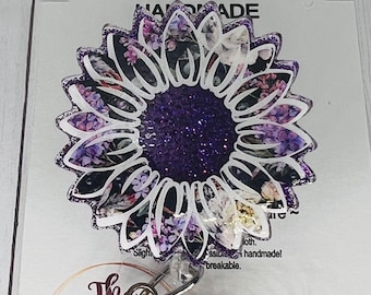 Purple Floral sunflower Flower Badge Reel, Retractable ID | Hospital worker | Teacher Gift | Gift for Her | Sunflower badge | Doctor Gift