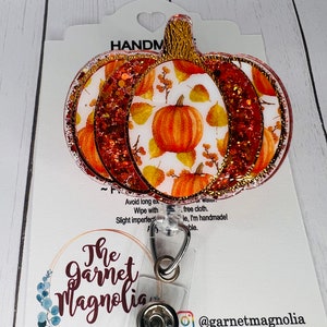 Pumpkin Bronze orange cute Badge Reel | Hospital Badge Reel | Retractable ID Holder | Nursing Badge | Glitter Sparkle Teacher Badge |