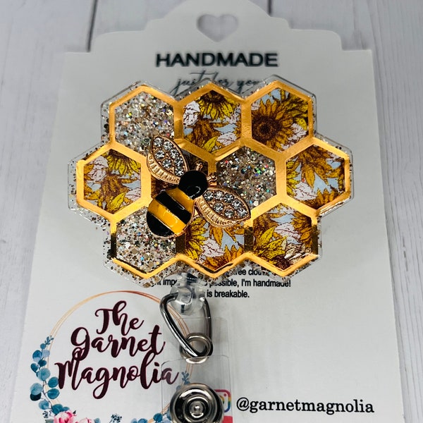 Honeycomb Bee gold rhinestone holographic Badge Reel | Retractable ID Holder | LPN RN Nurse Hospital worker | Glitter Sparkle Teacher