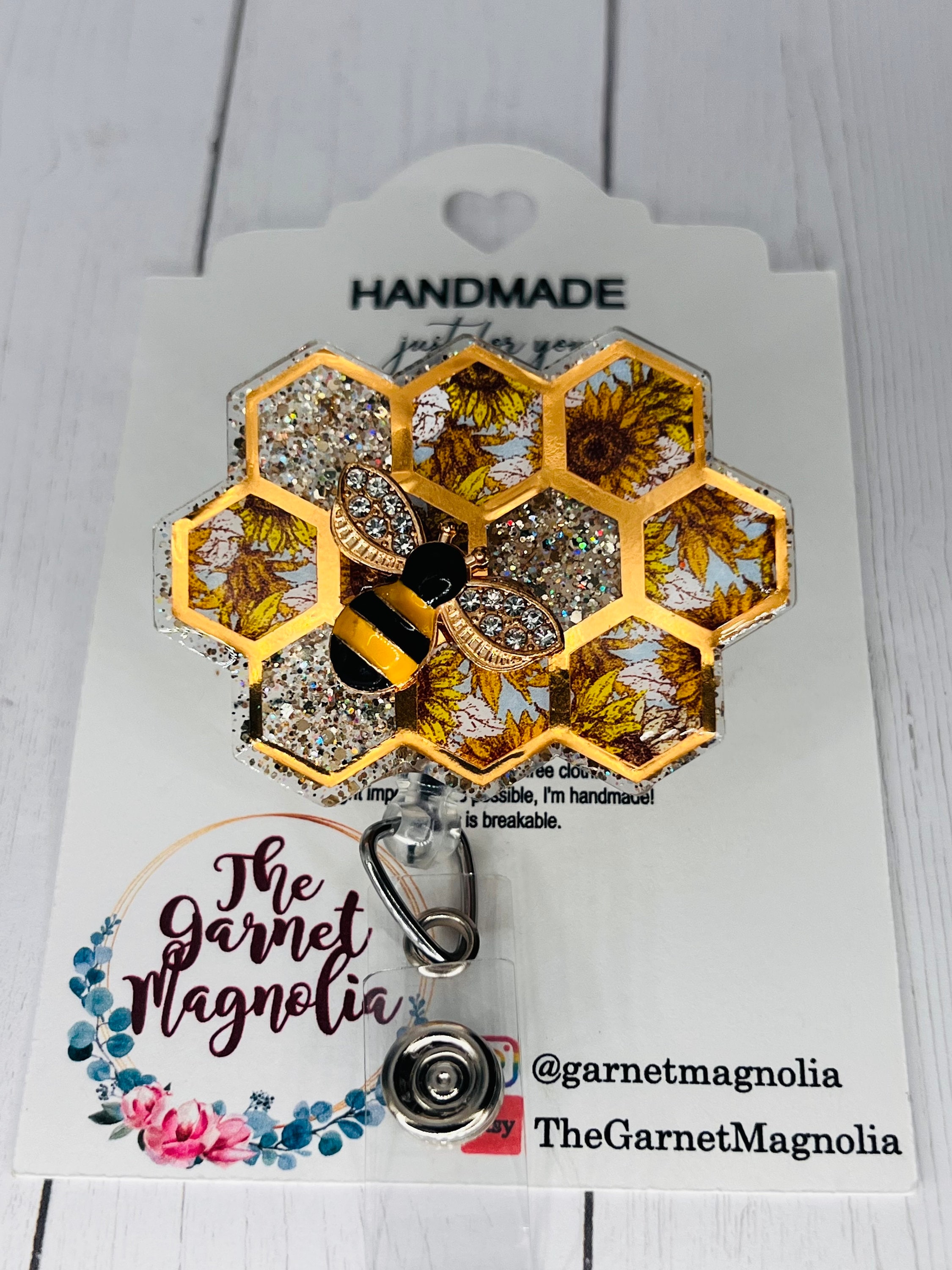 Honeycomb Bee gold rhinestone holographic Badge Reel | Retractable ID Holder | LPN RN Nurse Hospital worker | Glitter Sparkle Teacher