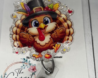 Happy Turkey Thanksgiving Gold Holiday Pilgrim Fall Gobble Badge Reel | Hospital Badge Reel | Nursing Badge | Glitter Teacher Badge |