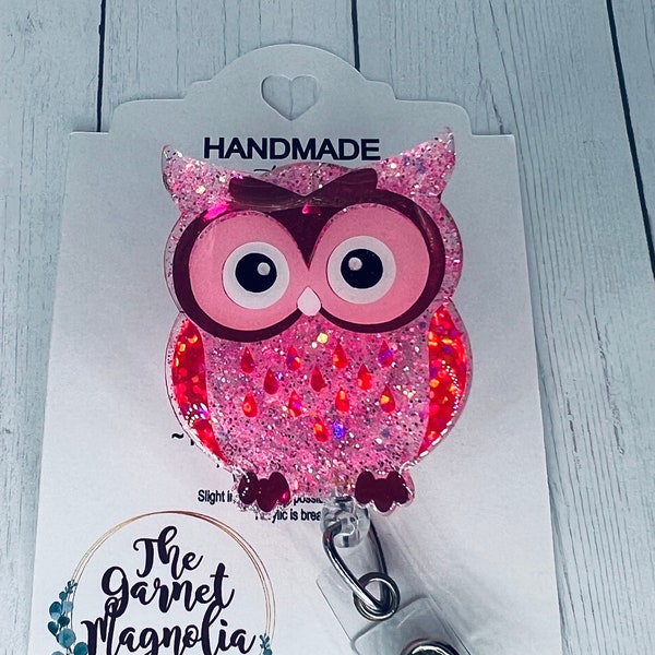 Owl Hoot Pink Badge Reel | Hospital Badge Reel | Retractable ID Holder | Nursing Badge | Glitter Sparkle Teacher Badge | Owl badge