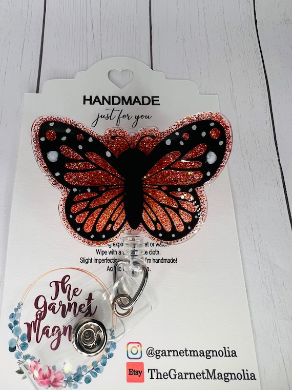 Monarch Black Butter Fly Ombré Orange Badge Reel Hospital Worker Glitter Badge  Reel Butterfly Badge Gift for Her Teacher Gift 