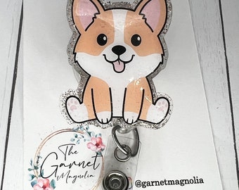 Carrete de insignia retráctil con forma de trasero peludo de Corgi, ideal para técnicos veterinarios, amantes de los perros, trabajadores de hospitales, estudiantes de enfermería y con brillantina.