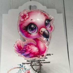Adorable Pink Flamingo animal pink cute Floral fun badge Reel | Retractable ID Holder | LPN Nurse Hospital worker | Glitter Sparkle Teacher