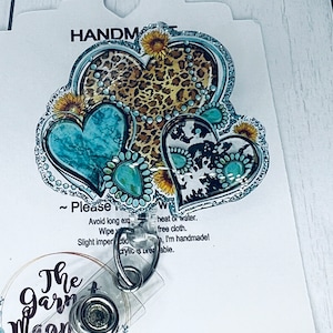 Boho Western Heart Turquoise Leopard Cow Badge Reel | Retractable ID Holder | Hospital Worker Gift | Nursing Badge Reel| Gift for Her |