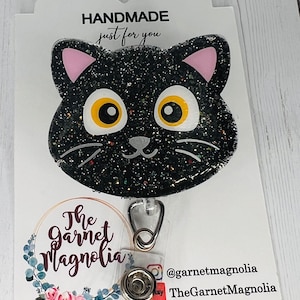 Black Cat Halloween Kitty Badge Reel | Retractable ID Holder | Nurse Badge Reel | Gift for Her | Glitter Teacher Badge | Animal Lover