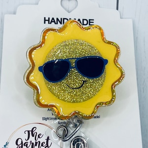 Mr Sun Sunshine Cool Lunettes d'été Badge Bobine | Porte-carte d'identité rétractable | Bobine pour badge médical d'hôpital | Insigne d'enseignant scintillant scintillant
