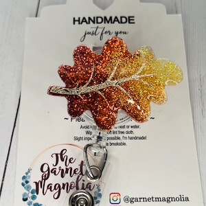 Fall Leaf Ombré gold red Badge Reel | Retractable ID Holder | Medical Badge | Glitter Sparkle Teacher | Gift for her