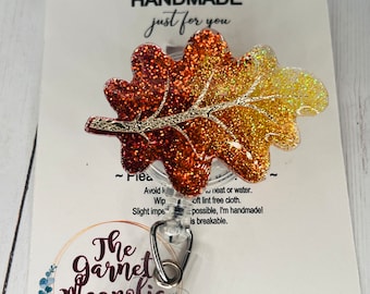 Fall Leaf Ombré gold red Badge Reel | Retractable ID Holder | Medical Badge | Glitter Sparkle Teacher | Gift for her