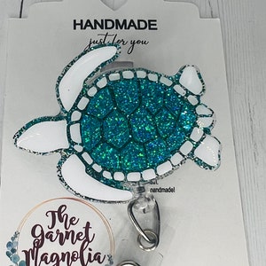 Bobine bagde pailletée turquoise tortue de mer | Porte-carte d'identité rétractable | Cadeau pour employé d'hôpital | Bobine d'insigne d'allaitement| Cadeau pour elle | Bobine de badge scintillant