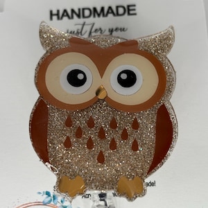Cute Owl Brown Caramel Latte Gold Badge Reel | Hospital Badge Reel | Retractable ID Holder | Nurse Badge | Vet Tech Badge | Owl badge