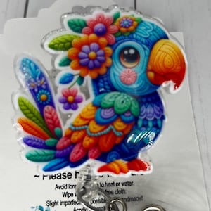 Crochet Parrot colorful adorable Bird Song Animal Handmade Badge Reel | Gift for Her | Retractable ID Holder | Nurse worker | Glitter badge