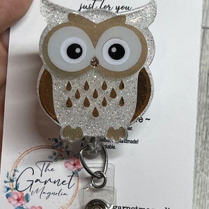 Owl Hoot Gold White Badge Reel | Hospital Badge Reel | Retractable ID Holder | Nursing Badge | Glitter Sparkle Teacher Badge | Owl badge