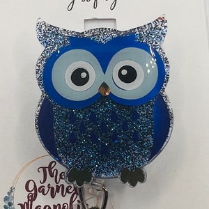 Owl Hoot Blue Gold Badge Reel | Hospital Badge Reel | Retractable ID Holder | Nursing Badge | Glitter Sparkle Teacher Badge | Owl badge