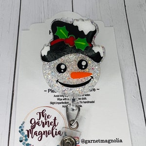 Snowman Holly winter Snow Christmas Badge Reel | Hospital Badge Reel | Retractable ID Holder | Nursing Badge | Glitter Teacher Badge | badge