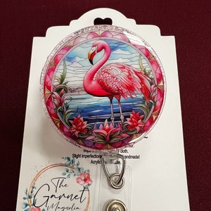 Flamingo Lotus Floral beach pink cute Girly fun badge Reel | Retractable ID Holder | LPN Nurse Hospital worker | Glitter Sparkle Teacher